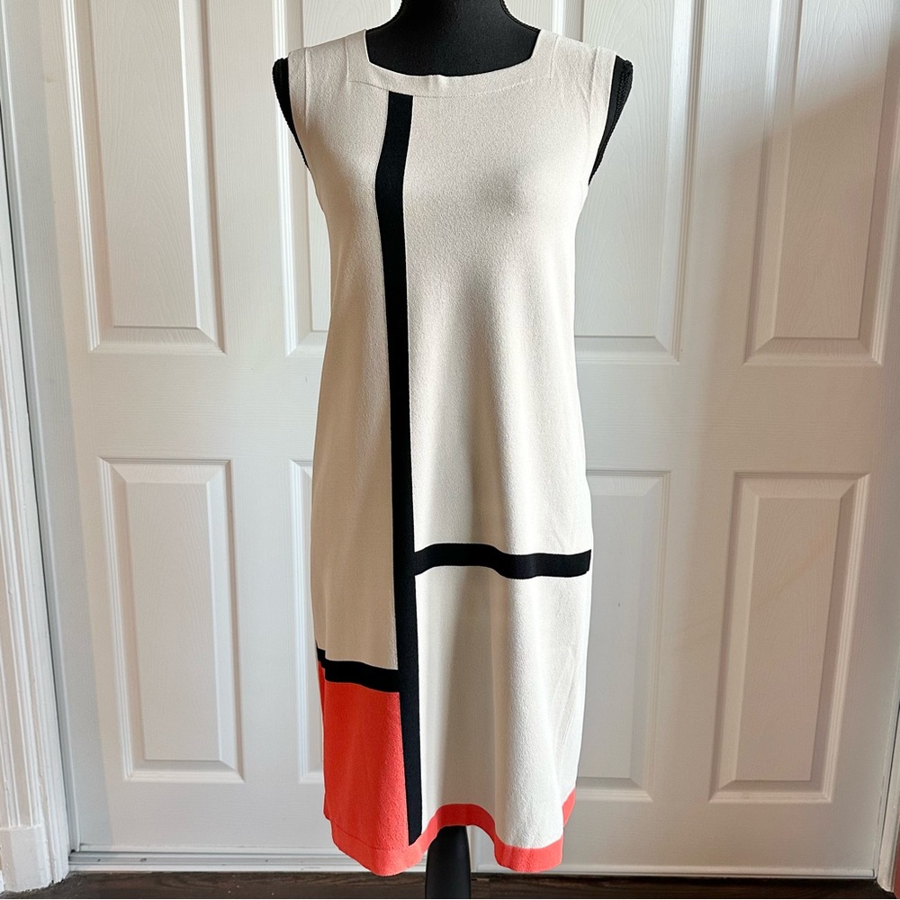 D. Exterior Tan and Orange Stretch Sheath Dress w/ Square Neck